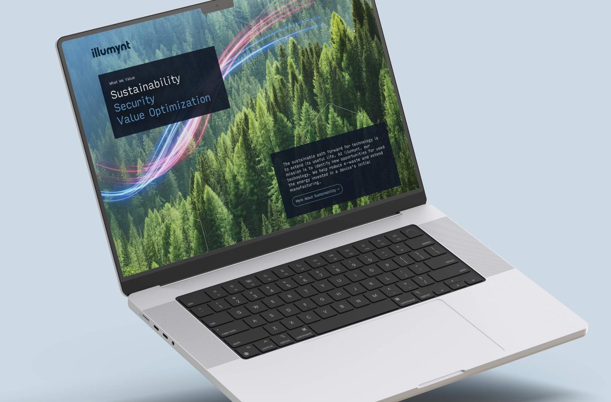 A modern silver laptop angled on a light blue background displays a website featuring a dense forest of evergreen trees. Abstract streaks of red and blue light curve across the forest, framing text boxes that read "Sustainability," "Security," and "Value Optimization," along with a description of the company's mission to extend technology's useful life. The clean design evokes a mood of innovation and environmental responsibility.