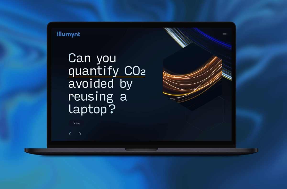 A dark gray laptop sits at a slight angle against a deep blue, subtly wavy background. Its screen displays "Can you quantify CO2 avoided by reusing a laptop?" in white text, with "quantify CO2" underlined in orange, next to an abstract design of swirling orange and blue lines. The mood is sleek and informative.