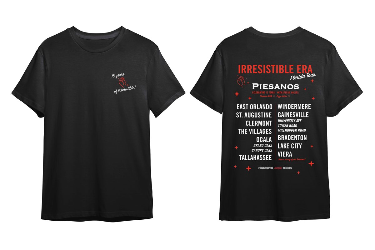 A black t-shirt is displayed flat against a white background, showcasing both the front and back designs. The front features the phrase "15 years of Irresistible!" with a hand gesture in red, while the back lists "IRRESISTIBLE ERA Florida Tour" and "PIESANOS" in bold red and white, followed by a list of Florida cities and locations. Red plus signs and small text are scattered throughout the back design, all presented with clear, even lighting.