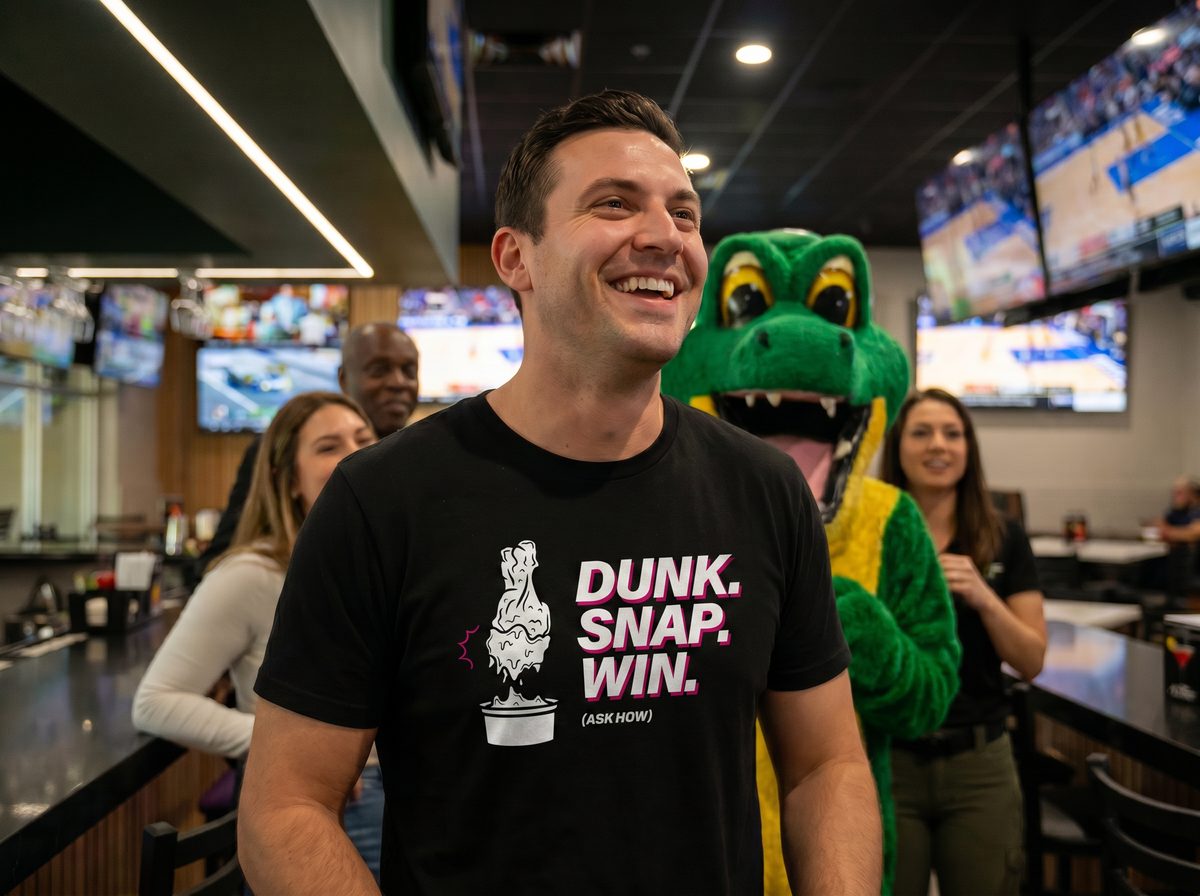 A man in a black "DUNK. SNAP. WIN." t-shirt smiles broadly, looking up and to the right, illuminated by bright overhead lights. Behind him, a costumed green alligator mascot grins with wide eyes, flanked by other people in a lively sports bar setting with multiple TVs displaying various games. The overall mood is cheerful and energetic.