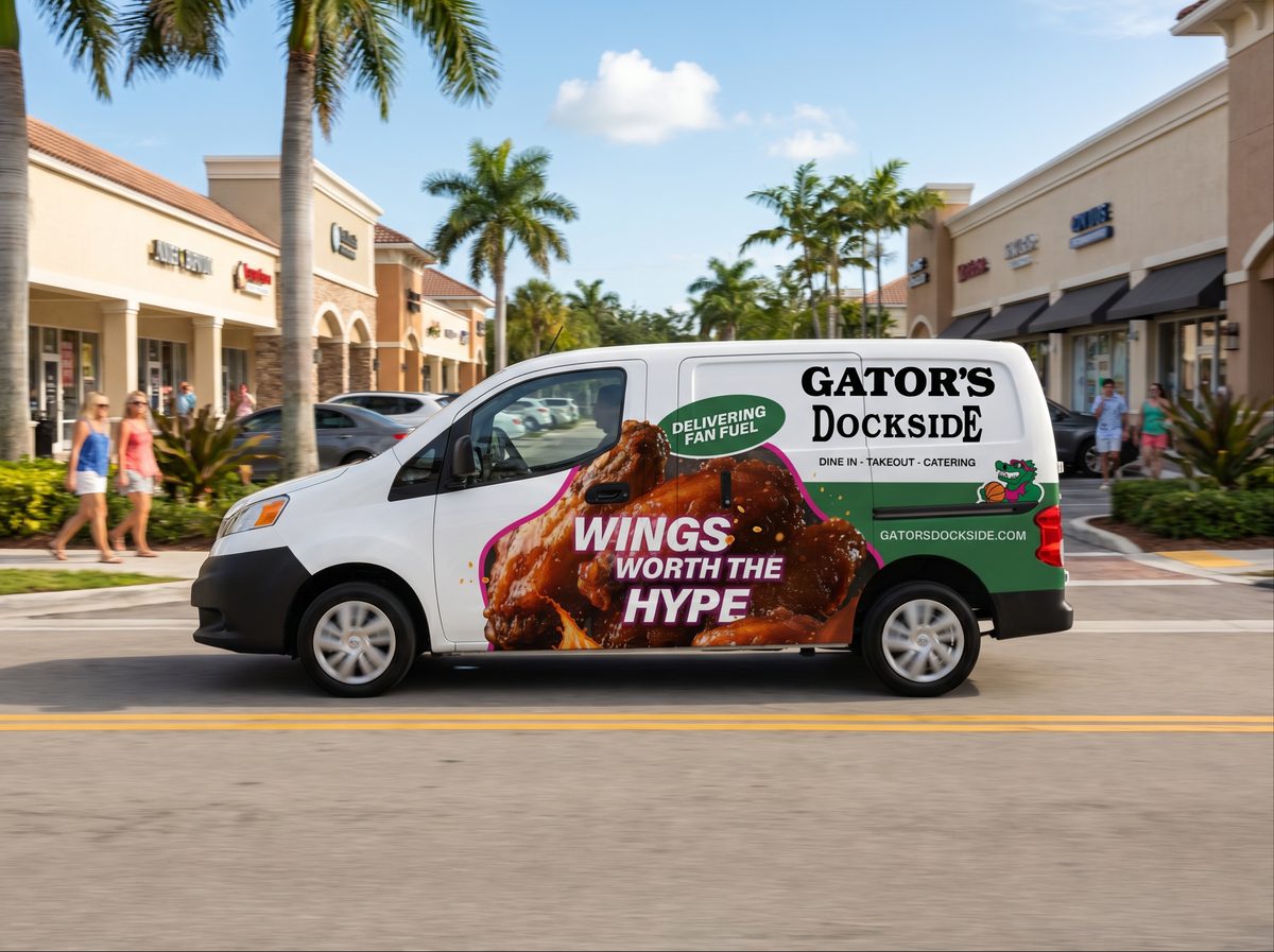 A white delivery van, branded for "Gator's Dockside" and featuring large, saucy chicken wings with the text "WINGS WORTH THE HYPE," drives down a street with blurred motion. The background shows a sunny outdoor shopping center with palm trees and a few people walking, creating a vibrant, active mood.