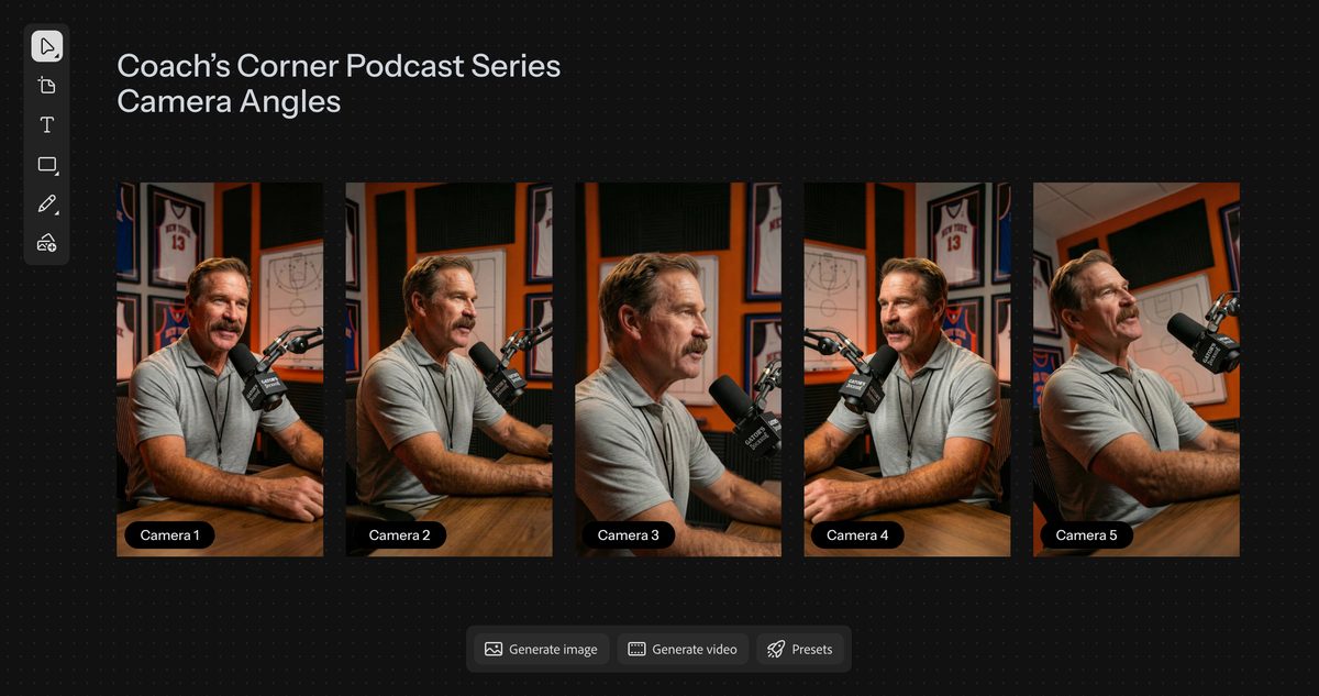 A man with a mustache and short brown hair is captured in five different camera angles for a podcast, sitting at a wooden table with a microphone. The background features framed sports jerseys and a whiteboard with a basketball play drawn on it, all under soft, even lighting. Each "camera" shot shows a subtle shift in his head and body position, suggesting movement as he speaks.