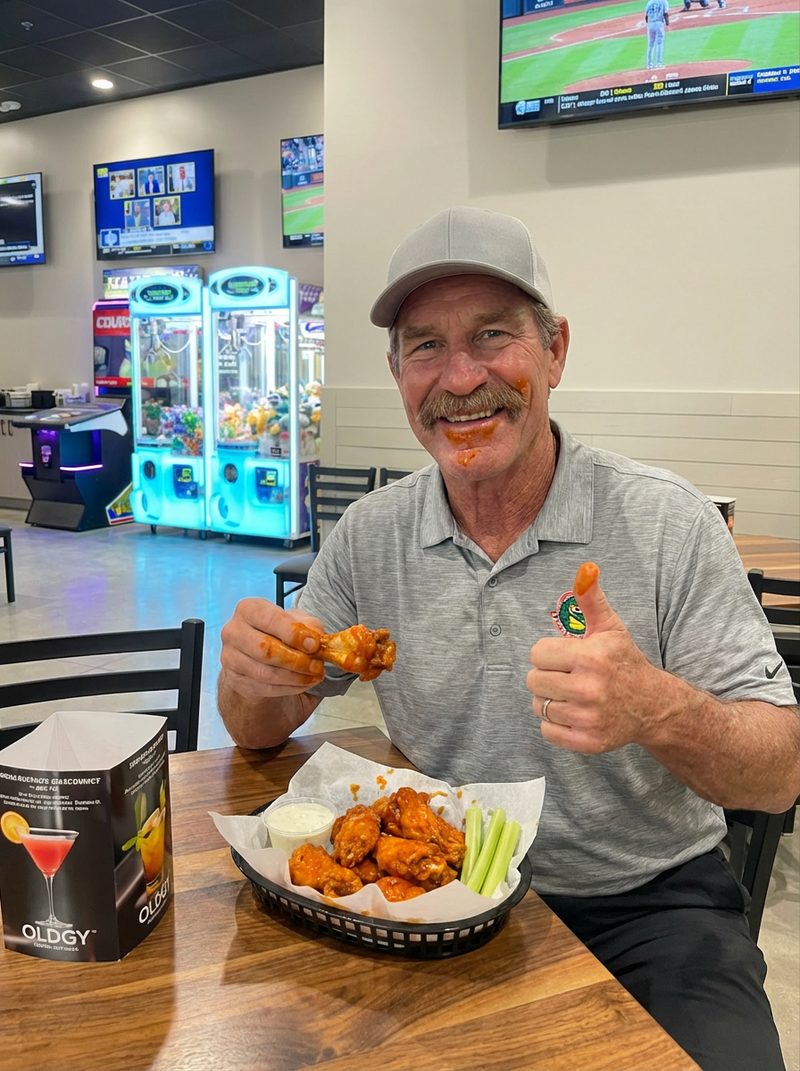 A smiling man in a grey polo and baseball cap with hot sauce on his mustache and chin gives a thumbs-up, his hands covered in sauce from a basket of buffalo wings on the table. In the background, claw machines and TVs showing sports and news suggest a lively entertainment venue. The overall mood is cheerful and celebratory, bathed in bright, even lighting.