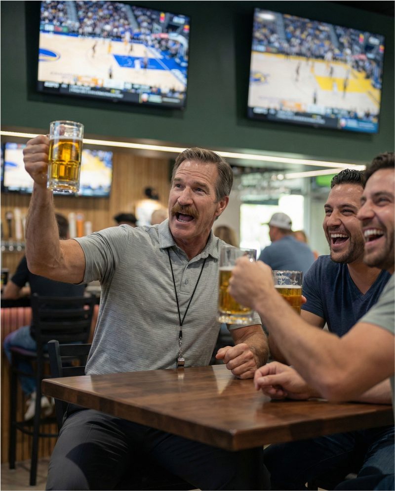 Three men at a bar excitedly watch a basketball game on TVs in the background. A middle-aged man with a mustache raises his beer in triumph, while the two younger men beside him laugh joyfully, holding their own drinks. The scene is warmly lit, capturing a moment of shared celebration and camaraderie.