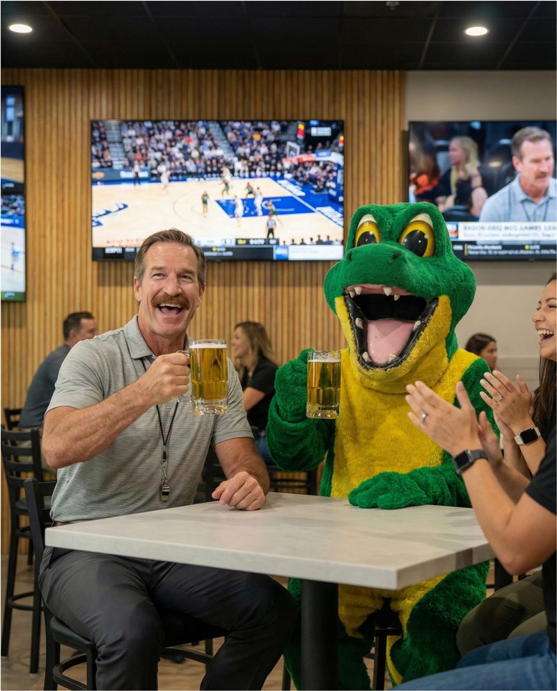 A man with a prominent mustache and a green alligator mascot excitedly clink beer mugs across a light gray table, both laughing with wide open mouths. They sit in a lively sports bar with wooden slatted walls, multiple large TV screens displaying basketball and other content, and other patrons in the softly lit background. A woman in the foreground also laughs and claps, adding to the joyous atmosphere.