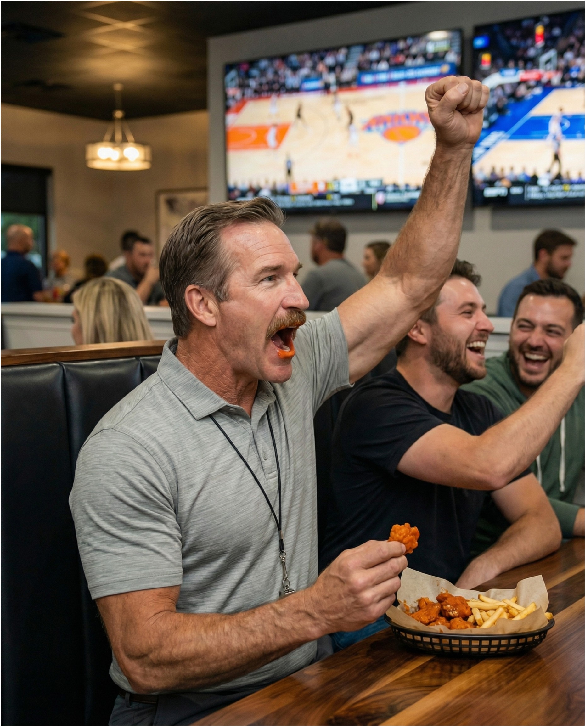 A man with an orange-stained mustache shouts in excitement with his fist raised, holding a chicken wing, while watching a basketball game on a large screen at a lively sports bar. Two other men beside him are also laughing, their faces lit by the warm ambient lighting. A basket of chicken wings and fries sits on the polished wooden table in front of them.