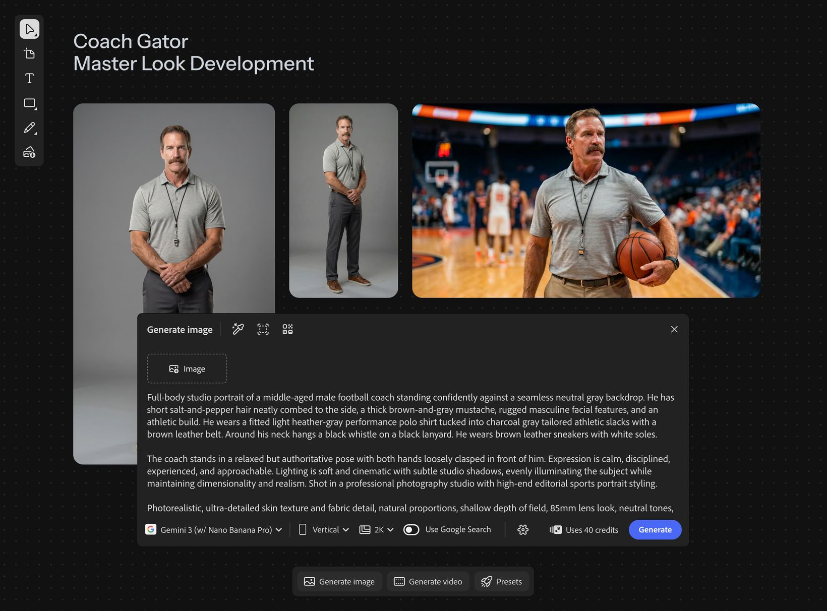 A screenshot of a digital interface shows the "Coach Gator Master Look Development" page, displaying three AI-generated images of a male football coach. The first two images are studio portraits, one waist-up and one full-body, of the coach standing against a gray backdrop, wearing a gray polo shirt, dark slacks, and a whistle. The third image shows the coach on a basketball court, holding a basketball, with players in the background under bright arena lights. Below the images, a detailed text prompt for the "full-body studio portrait" is visible, along with options to "Generate image" or "Generate video" at the bottom.